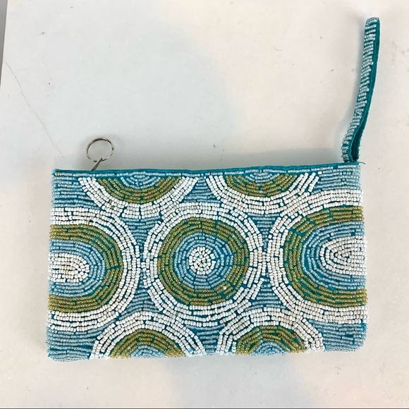 100% beaded blue circle pattern wristlet small purse - Picture 2 of 3
